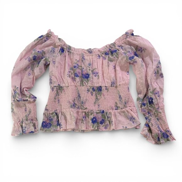 LoveShackFancy Fifi Top Pink Floral Off Shoulder Smocked Blouse Size M - Picture 5 of 9